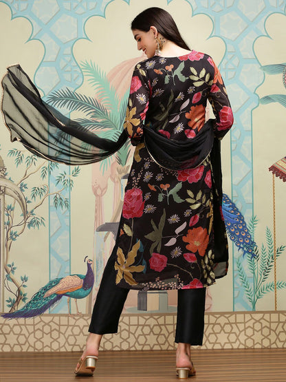 Dhiyona IS Women's Floral Printed V-Neck Three-Quarter Sleeves Kurta with Trousers & With Dupatta