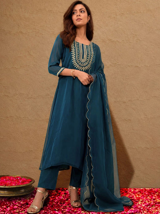 Libas Navy Blue Yoke Design Tissue Straight Suit Set