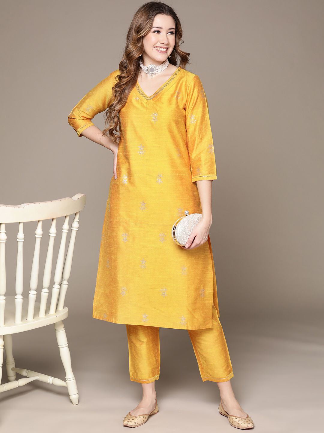 Dhiyona IS Women's Women Yellow Ethnic Motifs Printed Sequinned Kurta with Trousers