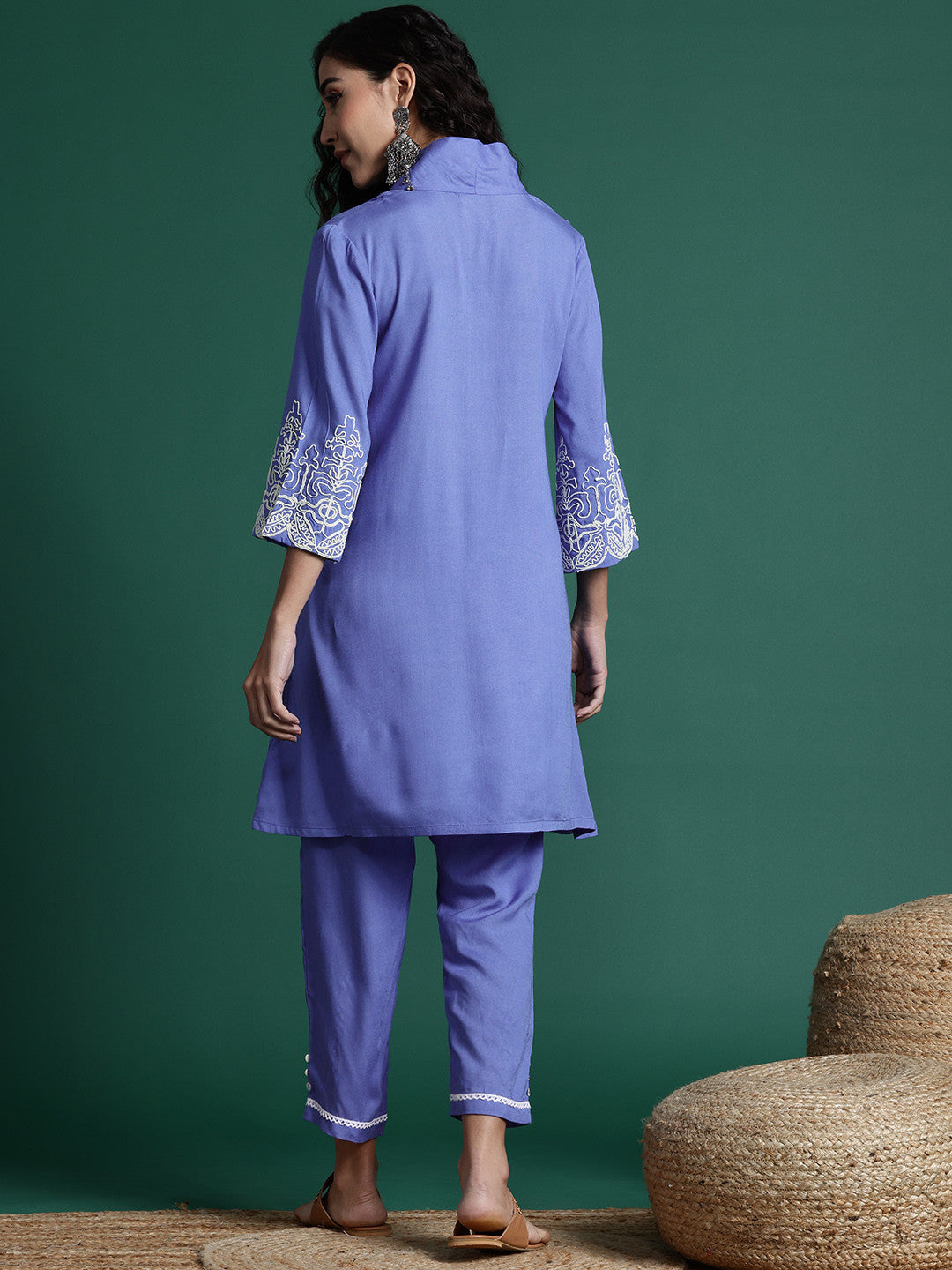Thread-Work Shawl Collar Kurta with Trousers