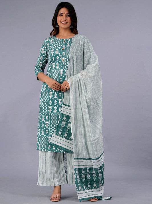 Dhiyona KL Ethnic Motifs Printed Pure Cotton Kurta With Palazzo & With Dupatta