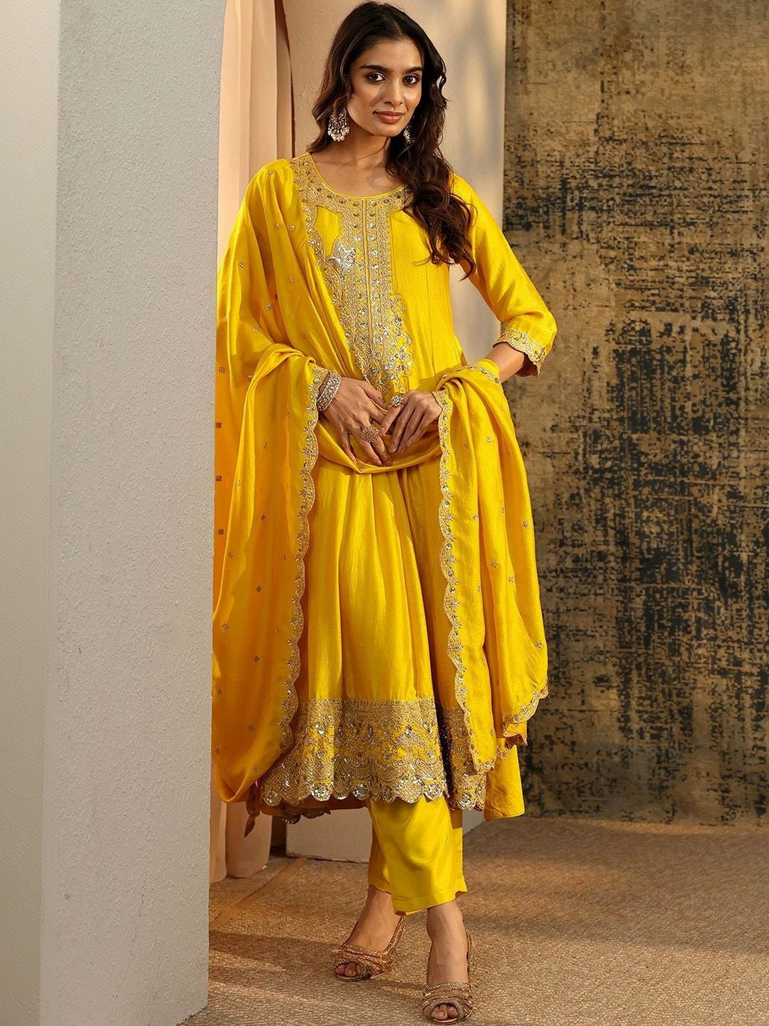 Lemon Yellow Embellished Silk Blend Anarkali Suit Set