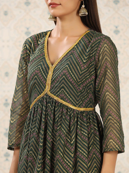 Dhiyona OD  Ethnic Motifs Printed V-Neck Thread Work Empire Anarkali Kurta