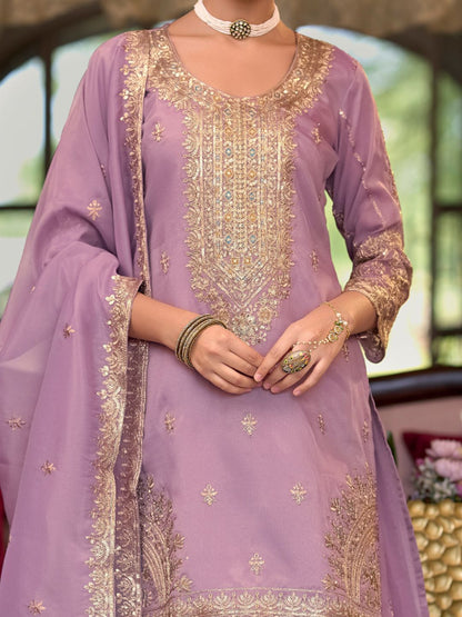 Dhiyona IE Ethnic Motifs Embroidered Sequinned Straight Kurta Palazzos With Dupatta