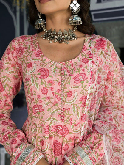 Dhiyona KL Floral Printed Anarkali Kurta & Trousers With Dupatta