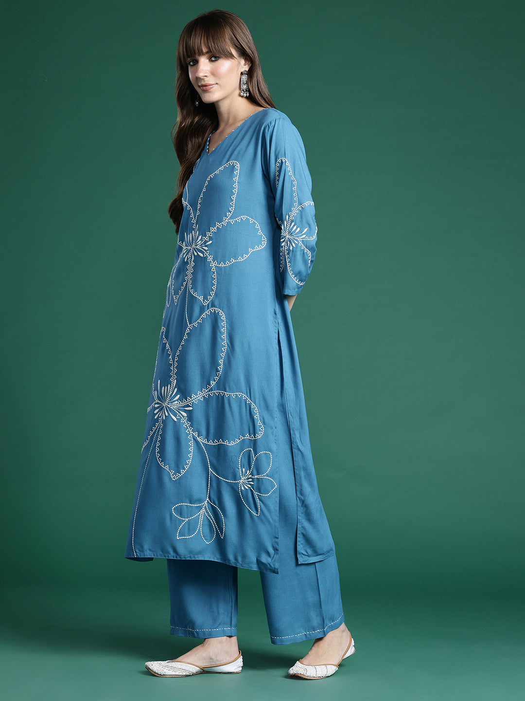 Floral Embroidered Thread Work Kurta with Palazzos