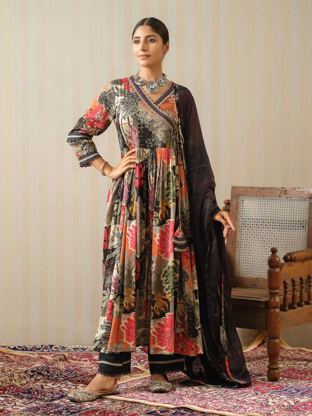 Dhiyona IS Women's Floral Printed Angrakha Sequinned Pure Silk Kurta with Trousers & Dupatta