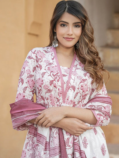 Dhiyona KL Floral Printed Regular Thread Work Pure Cotton Kurta with Trouser & With Dupatta