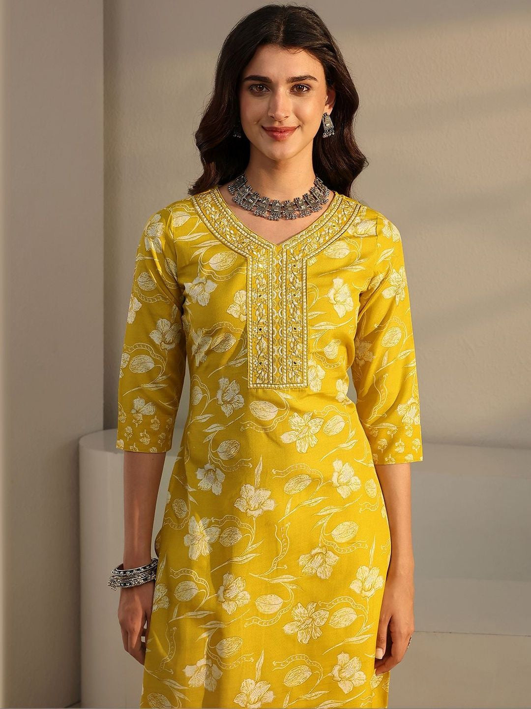 Libas Yellow Floral Printed Straight Suit Set with Dupatta