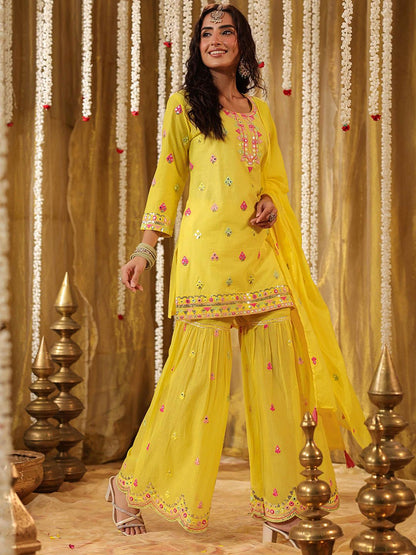 Dhiyona SC Ethnic Motifs Embroidered Pure Cotton Straight Kurta & Sharara With Dupatta