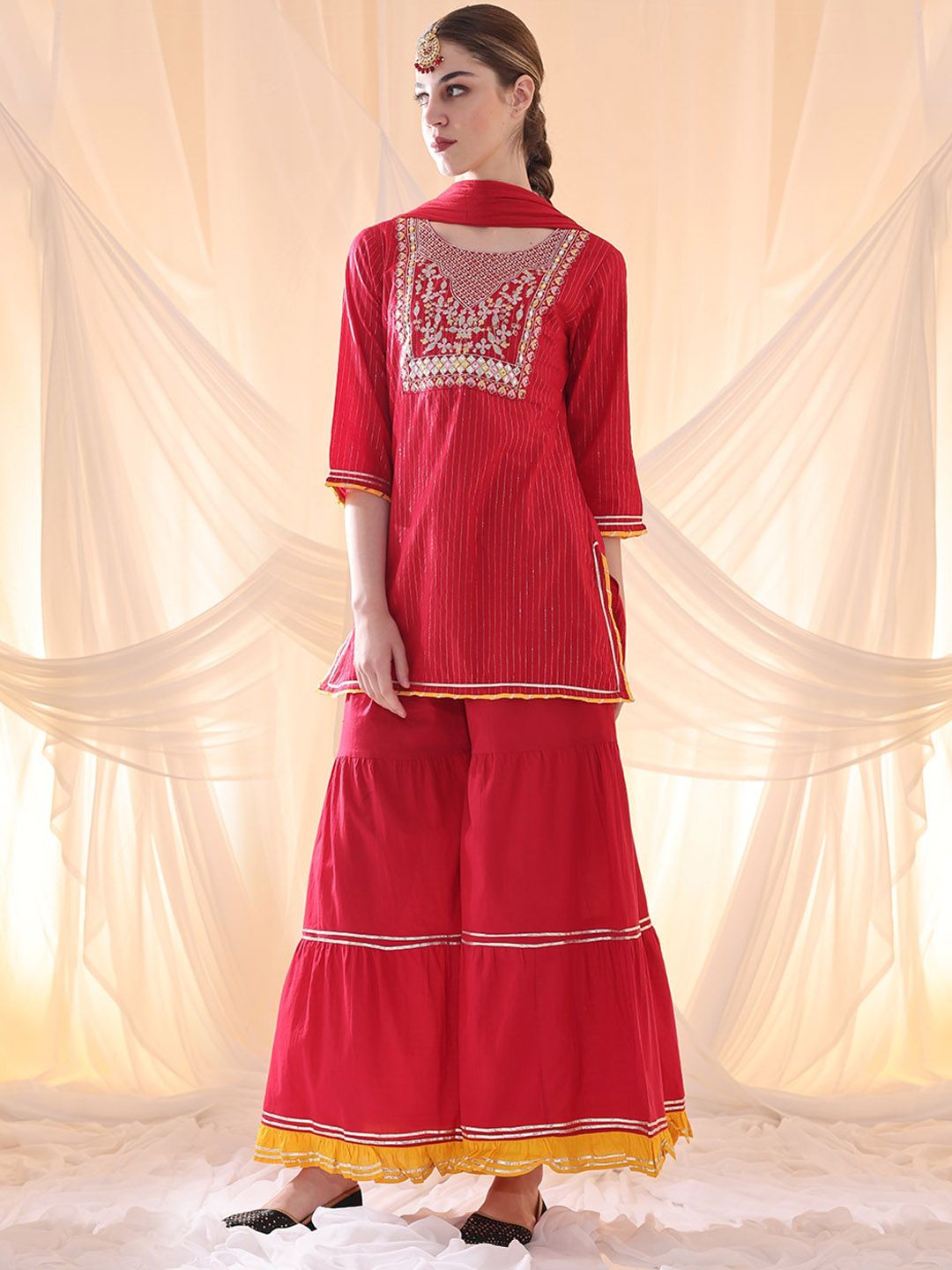 Dhiyona AN Floral Yoke Design Thread Work Pure Cotton Straight Kurta With Sharara & Dupatta