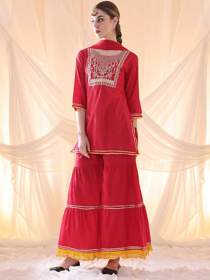 Dhiyona AN Floral Yoke Design Thread Work Pure Cotton Straight Kurta With Sharara & Dupatta