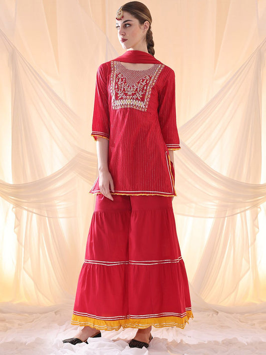 Dhiyona AN Floral Yoke Design Thread Work Pure Cotton Straight Kurta With Sharara & Dupatta