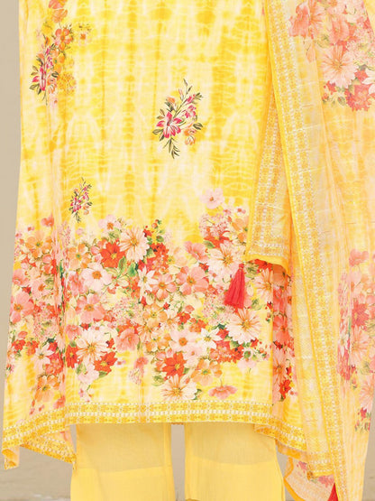 Dhiyona IS Women's Floral Printed Pure Cotton Straight Kurta With Trousers & Dupatta