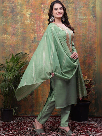Women Ethnic Motifs Embroidered Regular Kurta with Trousers & With Dupatta