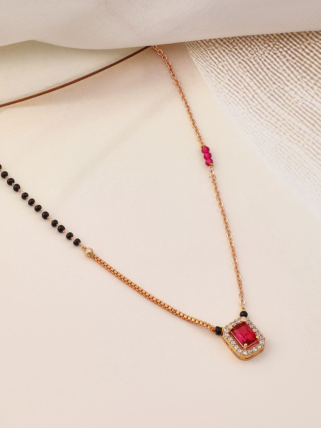 Dhiyona RJ Women's 18K Gold-Plated Ruby & Cubic Zirconia Studded Black and Gold Beaded Mangalsutra