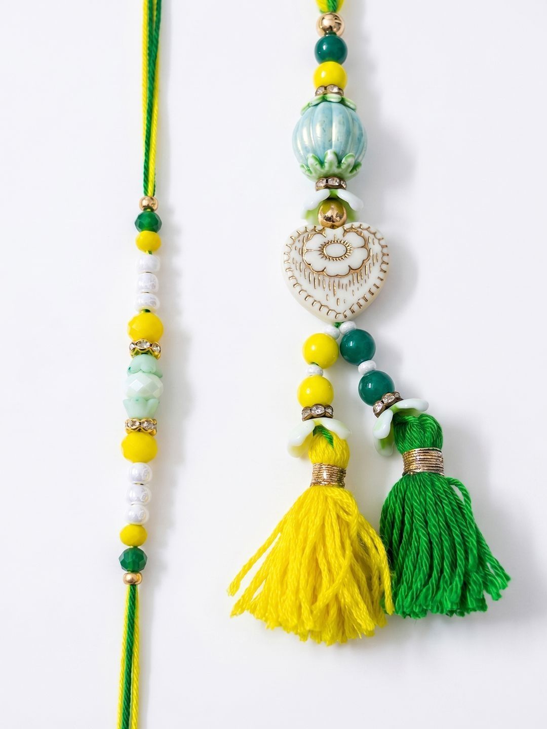 Dhiyona Set Of 2 Green & Yellow Beaded Heart Shape Bhaiya Bhabhi Rakhi With Roli Chawal