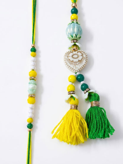 Dhiyona Set Of 2 Green & Yellow Beaded Heart Shape Bhaiya Bhabhi Rakhi With Roli Chawal