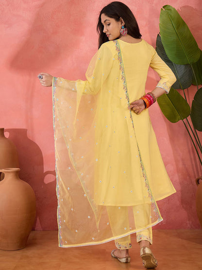 Zari Sequence Embroidered Straight Kurta & Trousers With Dupatta