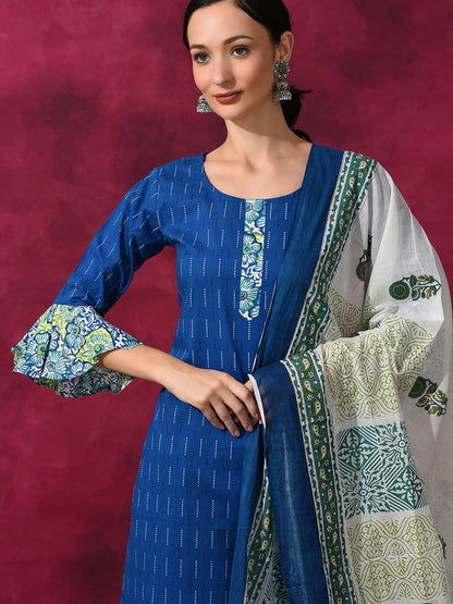 Dhiyona AN Blue Ethnic Motifs Printed Regular Pure Cotton Kurti with Sharara & Dupatta
