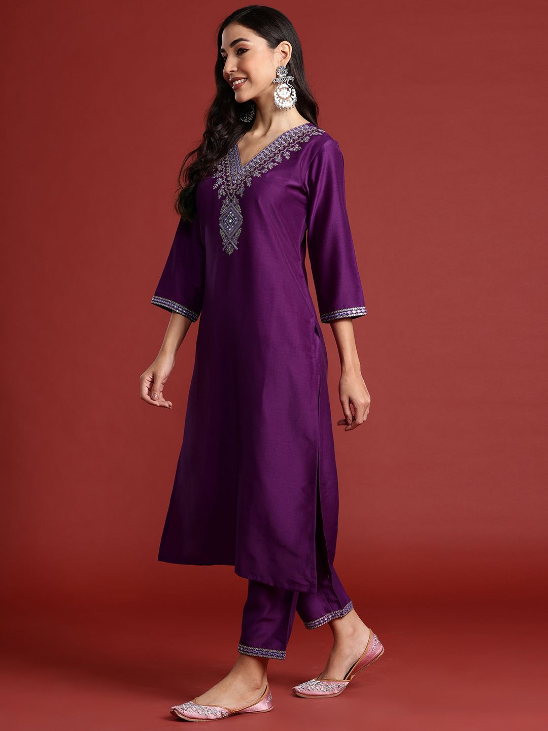 Ethnic Motifs Yoke Design Thread Work Kurta With Trousers & Dupatta