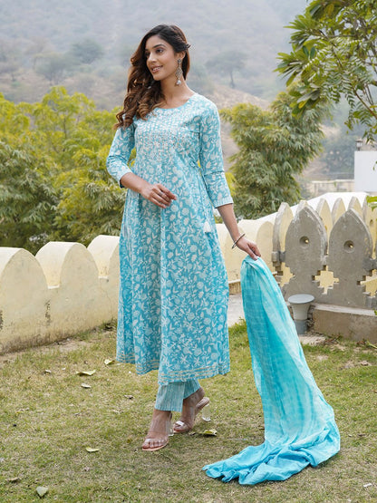 Dhiyona KL Floral Printed Regular Mirror Work Pure Cotton Kurta with Trousers & With Dupatta