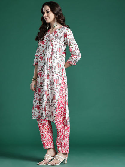Dhiyona IE Floral Printed Pure Cotton Kurta with Trousers & Dupatta
