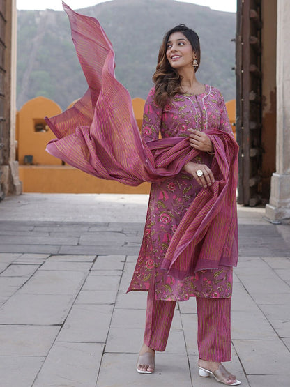 Dhiyona KL Floral Printed Pure Cotton Kurta with Trousers & With Dupatta
