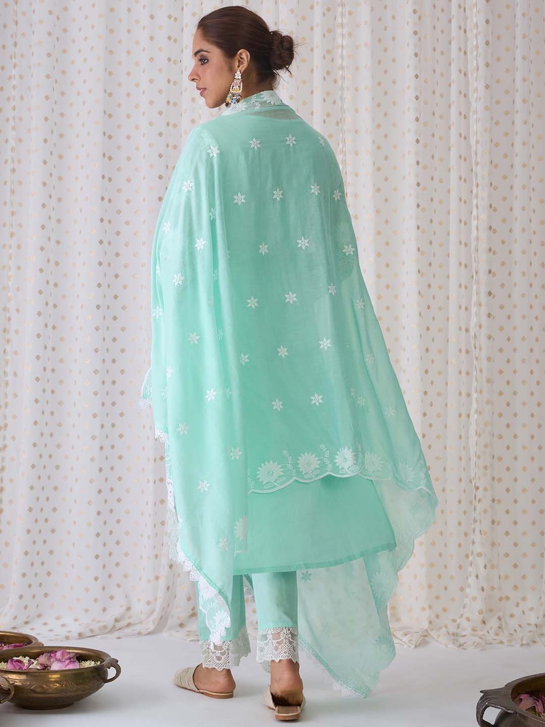 Dhiyona IE Floral Embroidered Pure Cotton Straight Kurta With Trousers & Dupatta