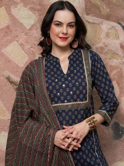 Printed Pure Cotton Kurta with Trousers & With Dupatta