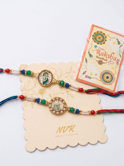 Dhiyona Set Of 2 Multicolor Peacock Design Rakhi With Roli Chawal Chandan Mishri