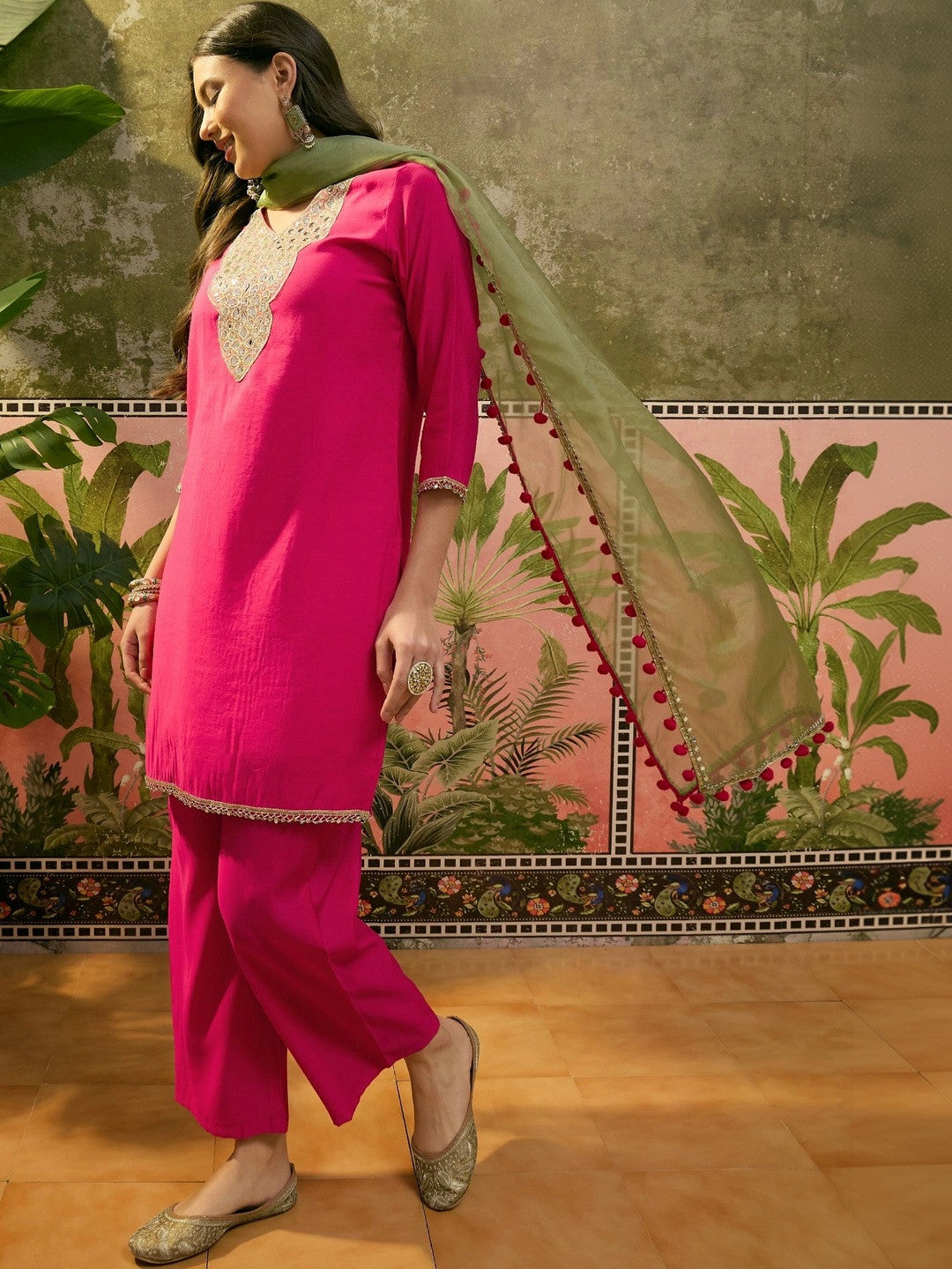 Women Regular Mirror Work Kurta with Palazzos & With Dupatta