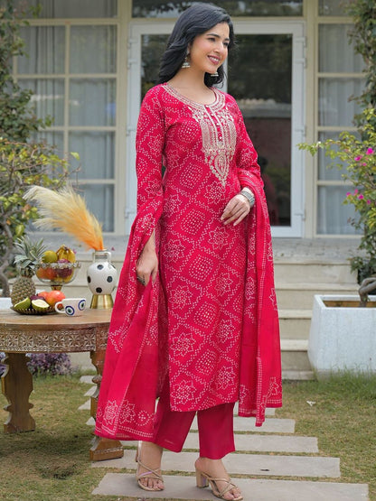 Dhiyona KL Women Bandhani Printed Regular Mirror Work Kurta with Trousers & With Dupatta
