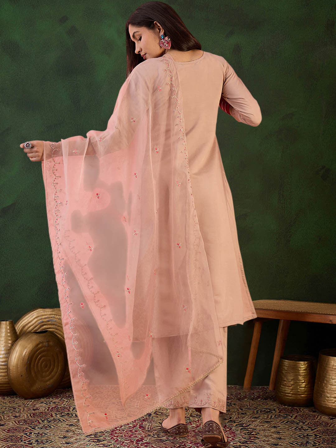 Zari Sequence Embroidered Straight Kurta & Trousers With Dupatta