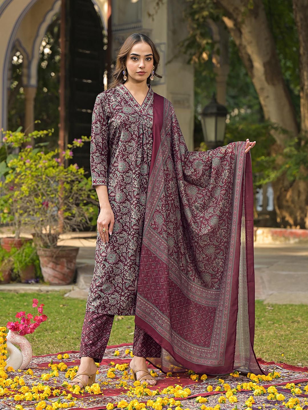 Dhiyona KL Floral Printed Pleated Kurta with Trouser & Dupatta
