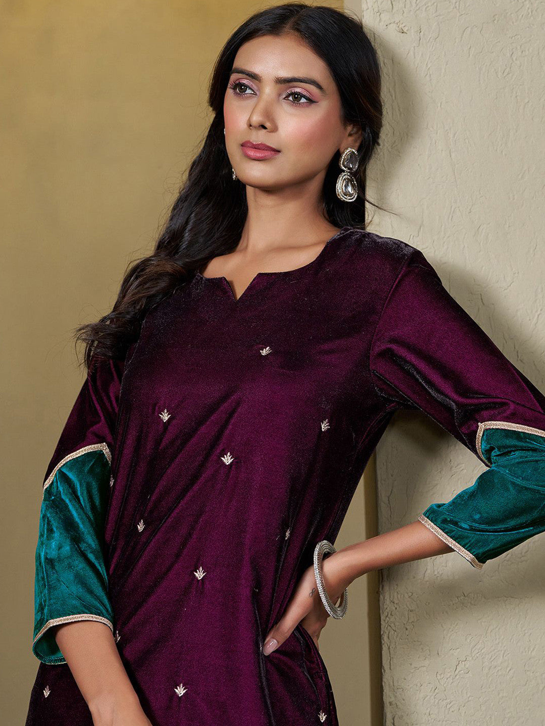 Women Velvet Embroidered Straight Kurta Pant With Dupatta Set