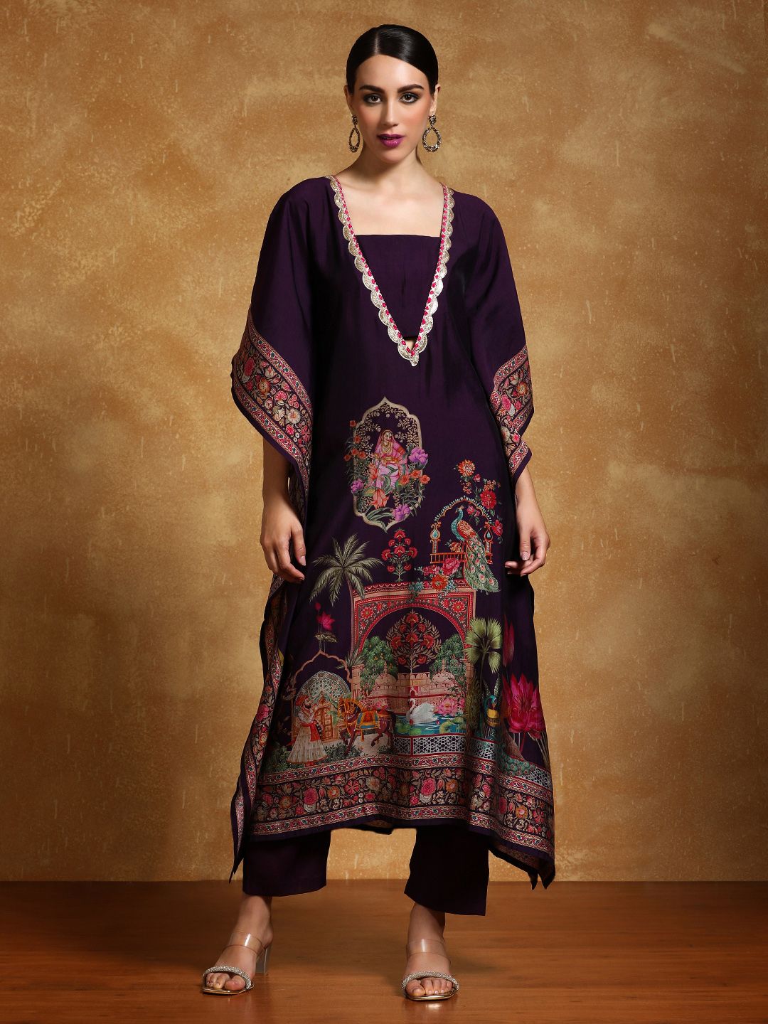 Purple Ethnic Motifs Printed Sequinned Square Neck Kaftan Kurta With Trousers