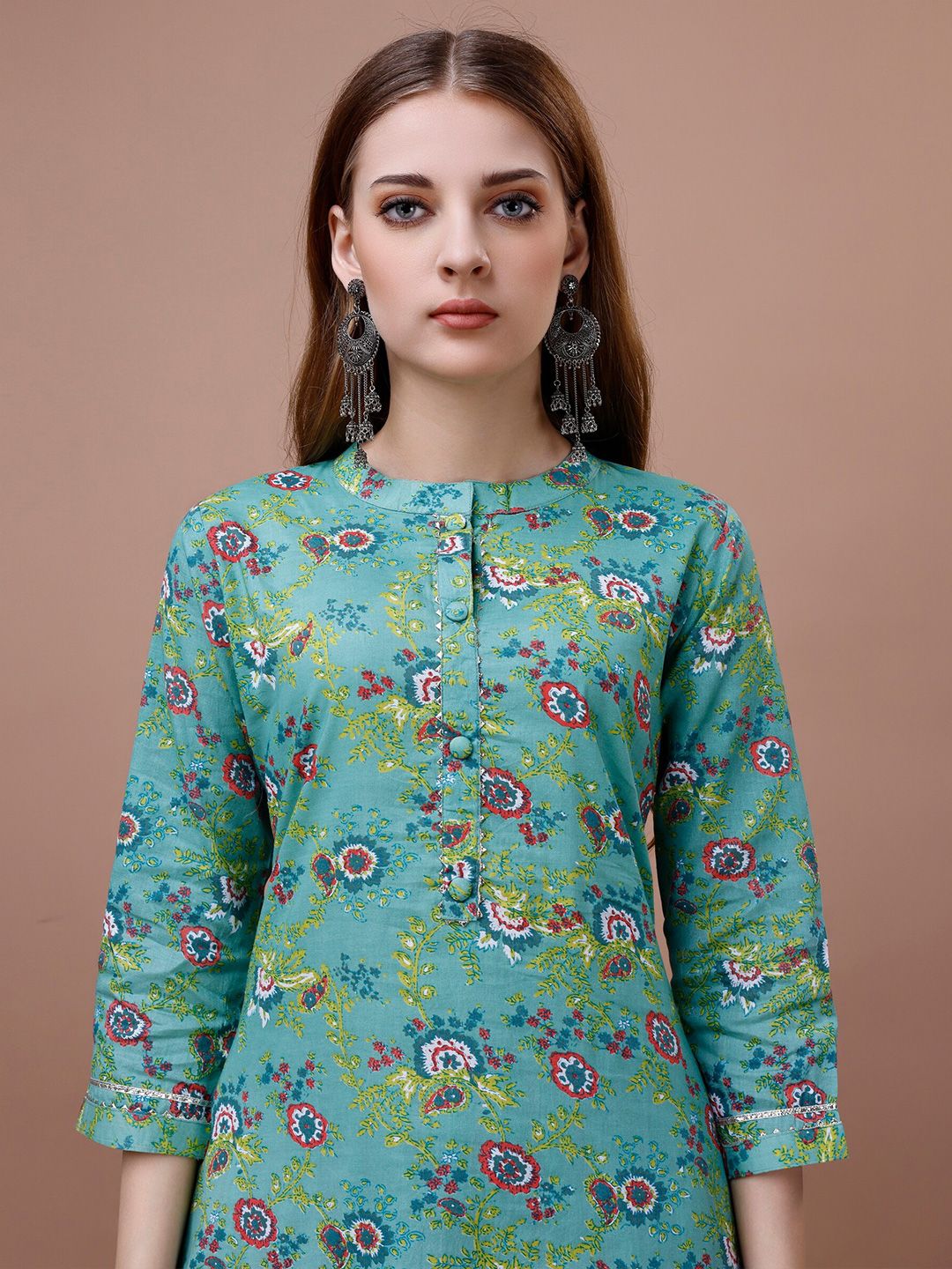 Dhiyona IS Women's Floral Printed Mandarin Collar Pure Cotton Kurta with Trousers & Dupatta