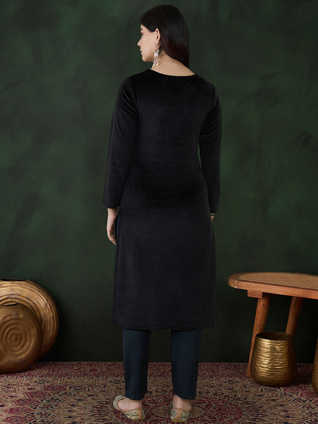 Black Geometric Yoke Design V-Neck Velvet Kurta With Trouser