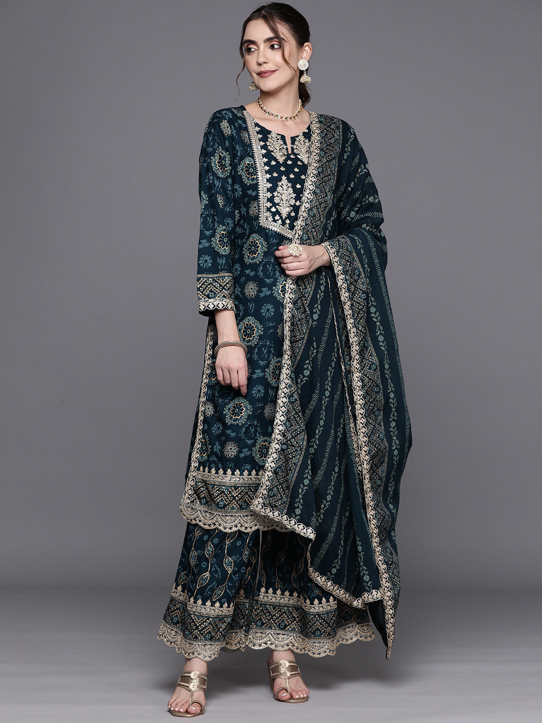 Floral Printed Regular Sequinned Kurta With Sharara & Dupatta