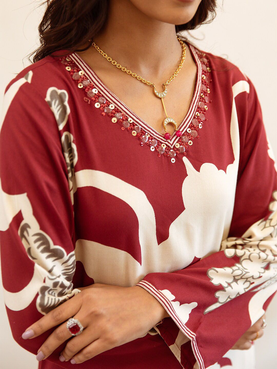 Dhiyona IS Women's Quirky Printed Beads and Stones Pure Cotton Kurta With Trousers & Dupatta