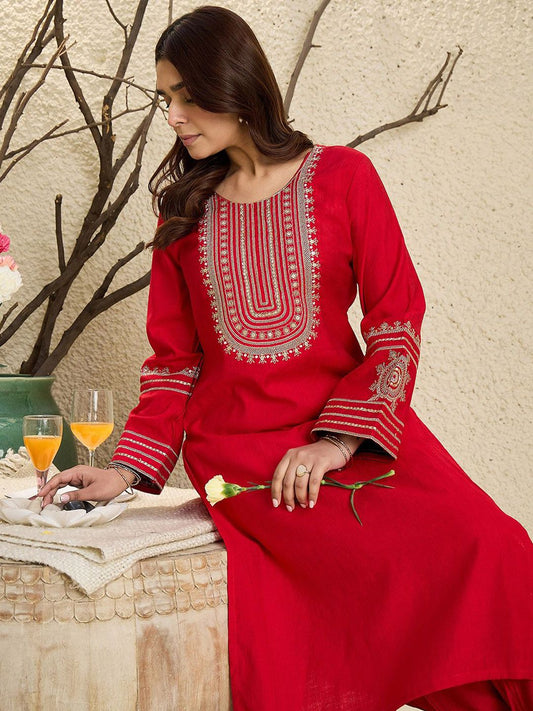 Dhiyona IE Floral Yoke Design Flared Sleeves Zari Straight Kurta With Trousers