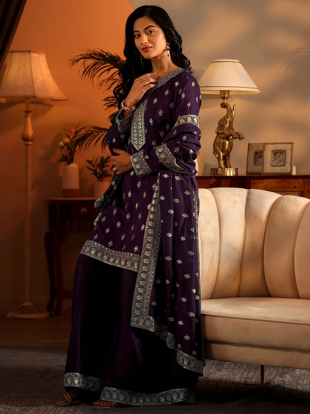 Dhiyona LL Ethnic Motifs Embroidered Sequnnied Straight Kurta With Sharara & Dupatta