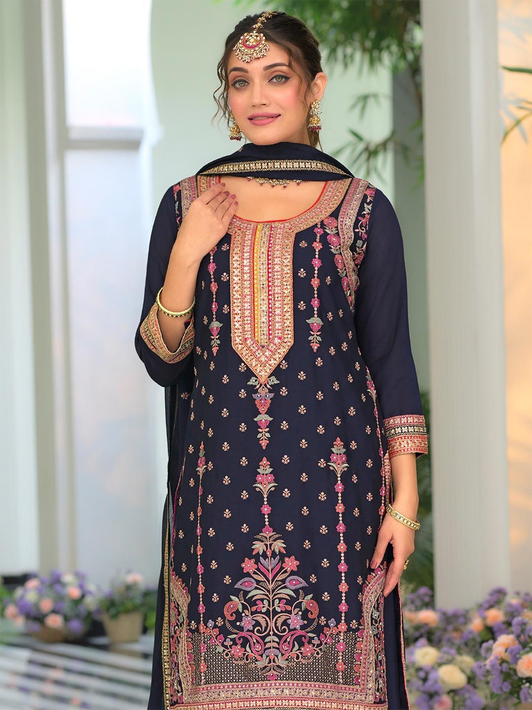 Dhiyona IE Floral Embroidered Round Neck Sequinned Straight Kurta With Palazzos & Dupatta