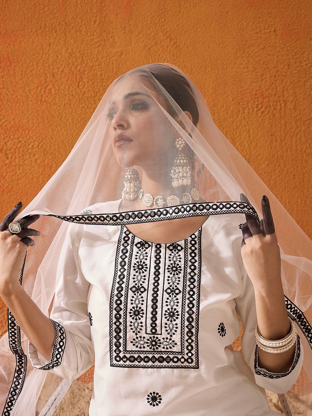 Dhiyona IE White Floral Embroidered Straight Kurta with Trousers & Dupatta