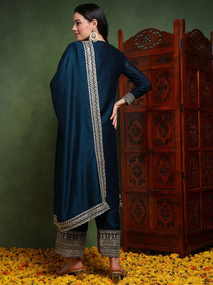 Dhiyona KL Ethnic Motifs Embroidered Thread Work Straight Kurta with Palazzos & Dupatta