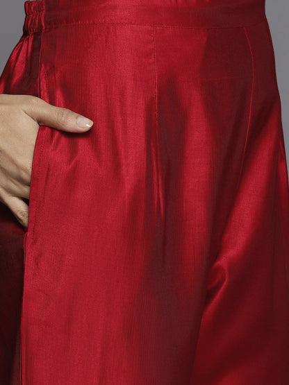 Women Red Ethnic Motifs Embroidered Sequinned Liva Kurta with Trousers & Dupatta