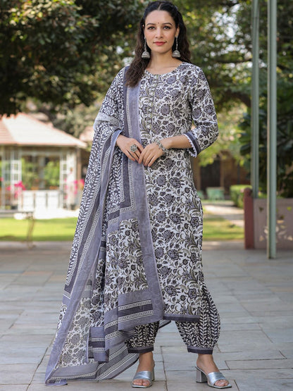 Dhiyona RR Women's Floral Printed Thread Work Pure Cotton Straight Kurta With Salwar & Dupatta