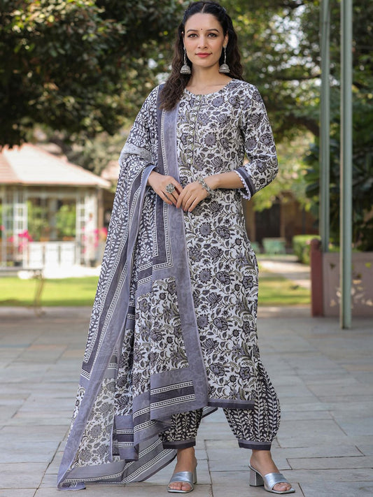 Dhiyona RR Women's Floral Printed Thread Work Pure Cotton Straight Kurta With Salwar & Dupatta