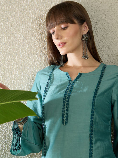 Dhiyona IE Embroidered Round Neck Three-Quarter Sleeves Pure Cotton Tunic And Trousers